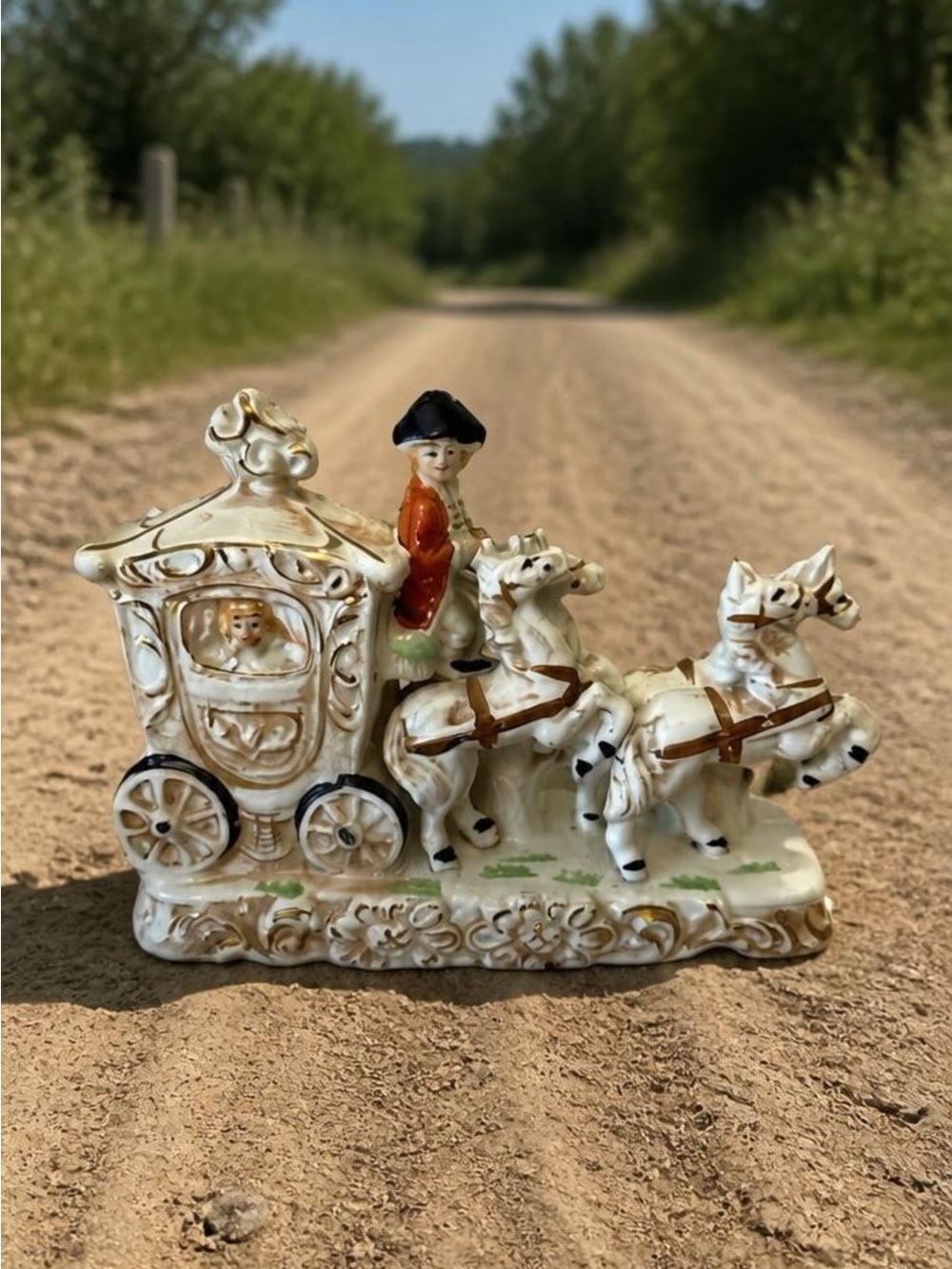 Wales Porcelain Horse-Drawn Carriage Figurine in Cream and Gold colonial period